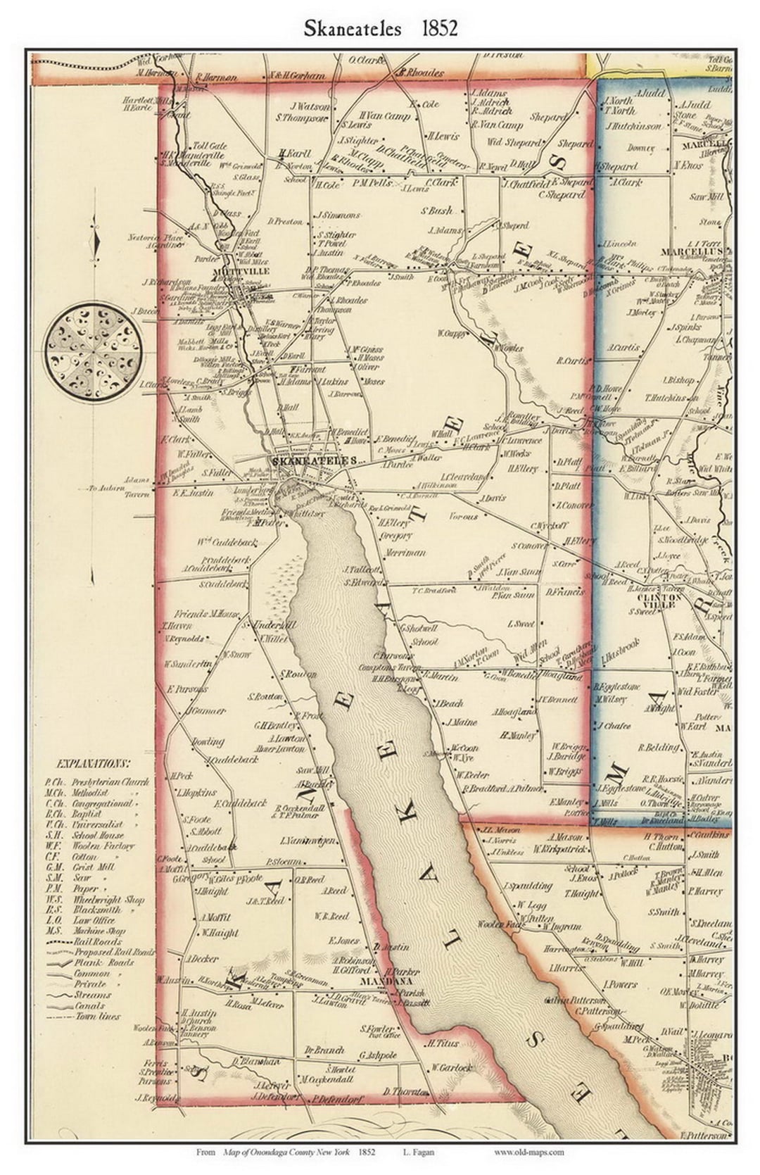 Skaneateles 1852 Old Town Map With Homeowner Names New York Skaneateles
