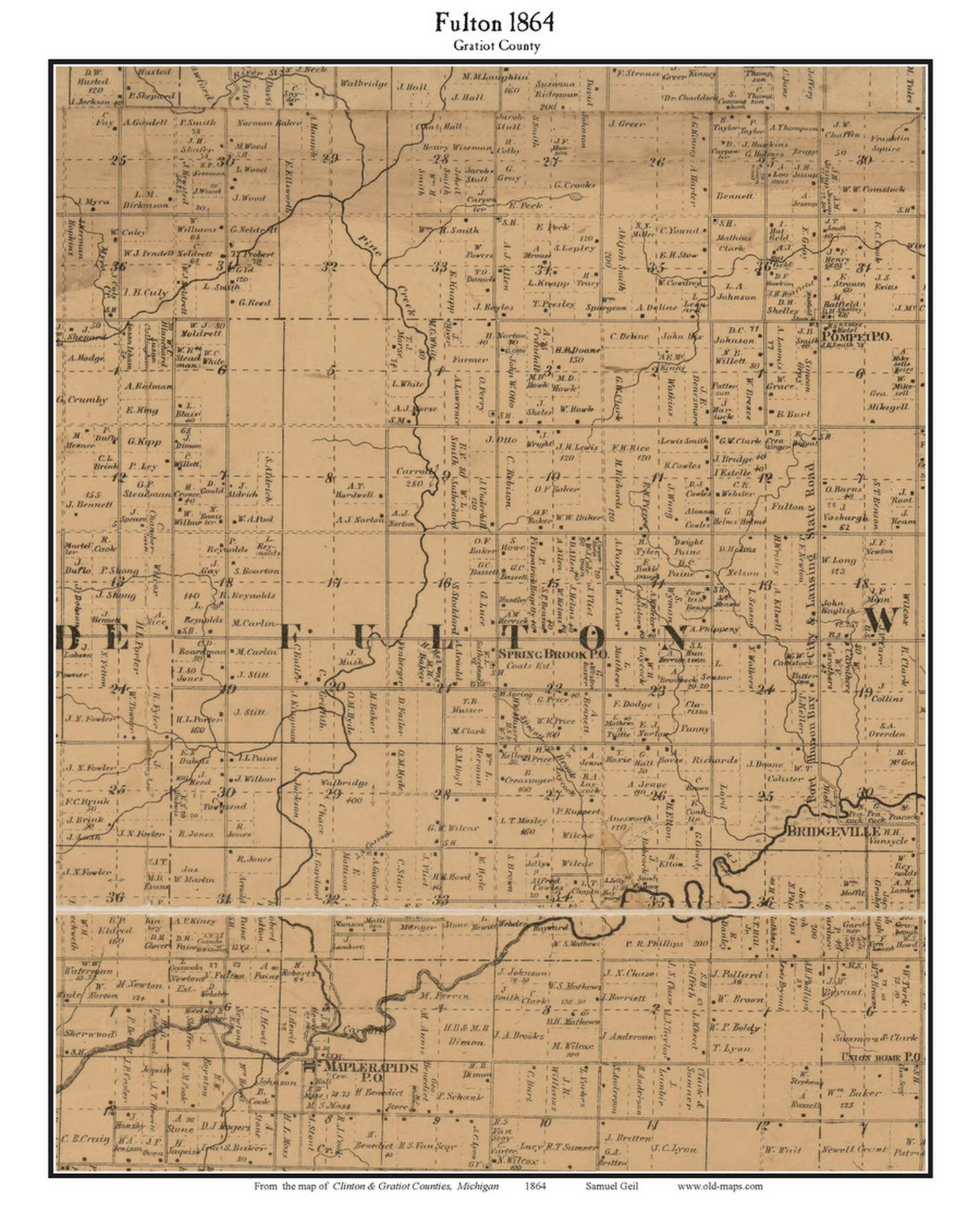 Fulton 1864 Old Town Map With Homeowner Names - Michigan - Reprint ...