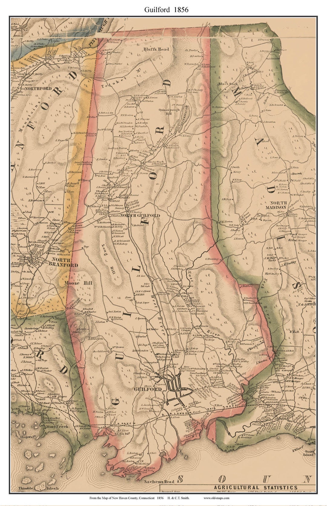 Guilford 1856 Old Town Map With Homeowner Names Connecticut - Reprint New Haven County CT - Etsy