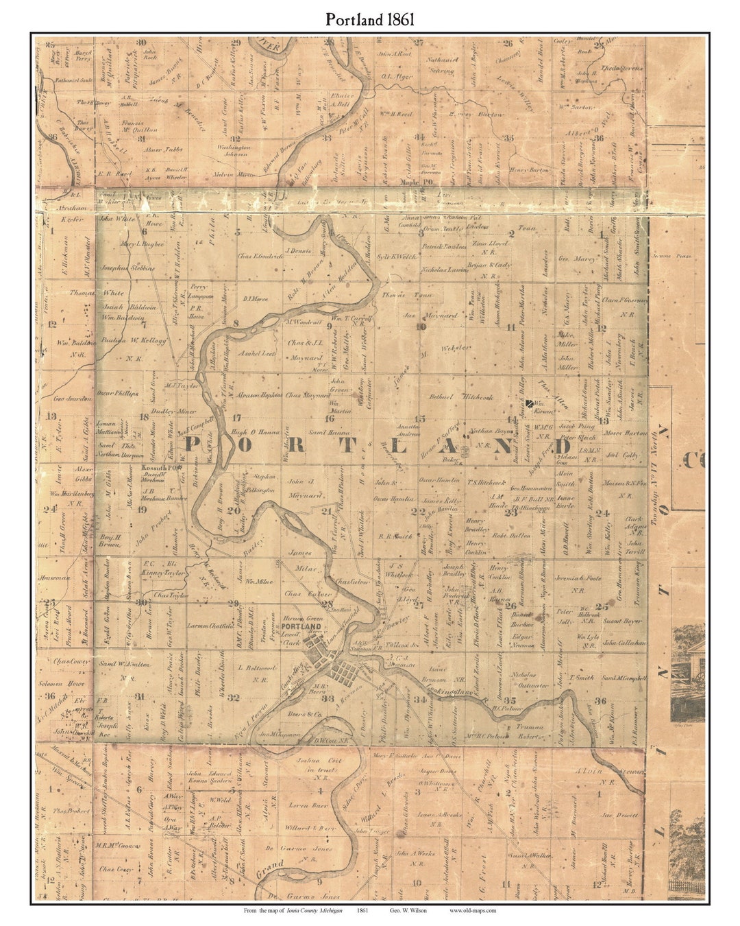 Portland 1861 Old Town Map With Homeowner Names Michigan Etsy