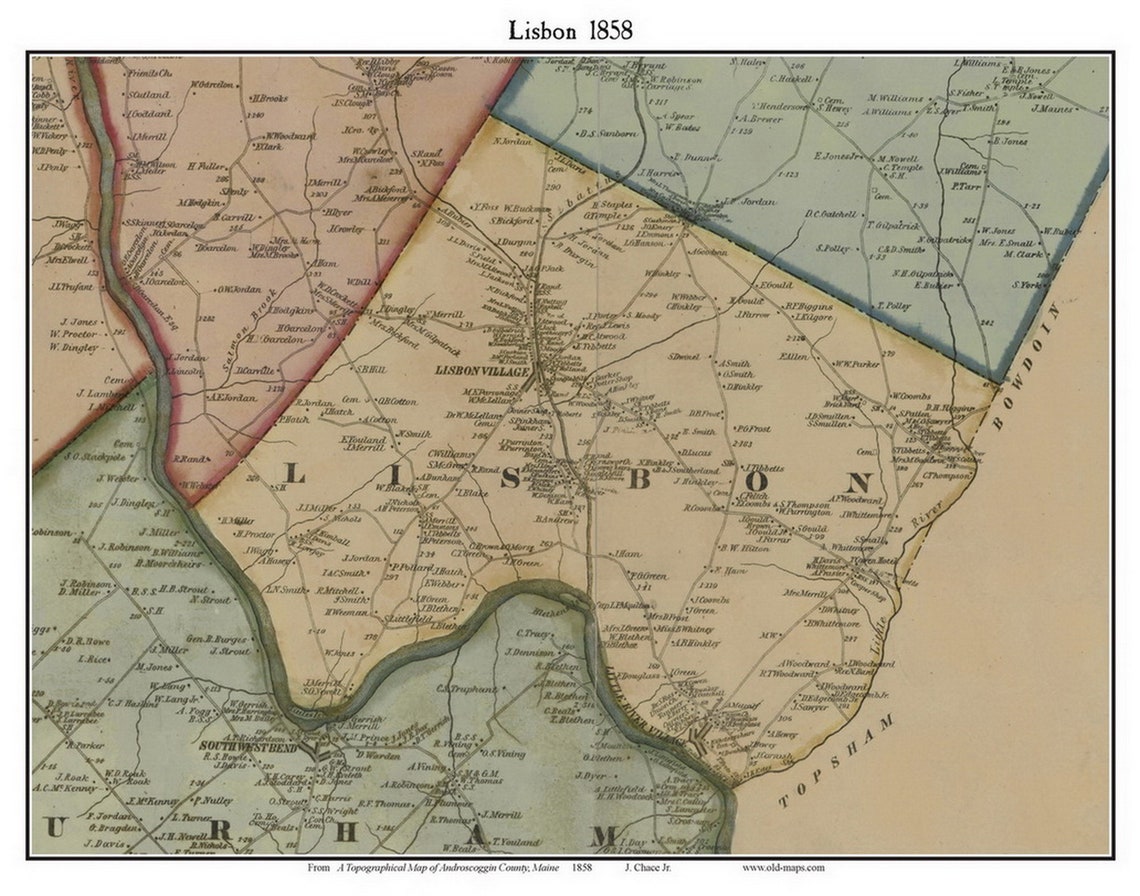 Lisbon 1858 Old Town Map With Homeowner Names Maine Reprint Genealogy ...