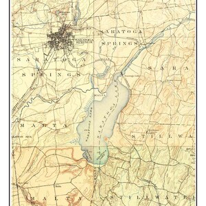 May include: A vintage map of Saratoga Lake, New York, from 1902. The map shows the lake and surrounding areas, including Saratoga Springs, Malta, and Stillwaters. The map is in a light brown color with blue lines representing rivers and streams.