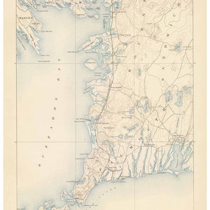 May include: A vintage map of Falmouth, Massachusetts, showing the coastline and surrounding areas. The map is printed in black and white with blue and brown accents. The map includes the names of towns, rivers, and other geographical features.