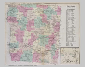 Hector 1874 Map Reynoldsville Burdett Homeowner names  Reprint Schuyler Co Beers Atlas New York