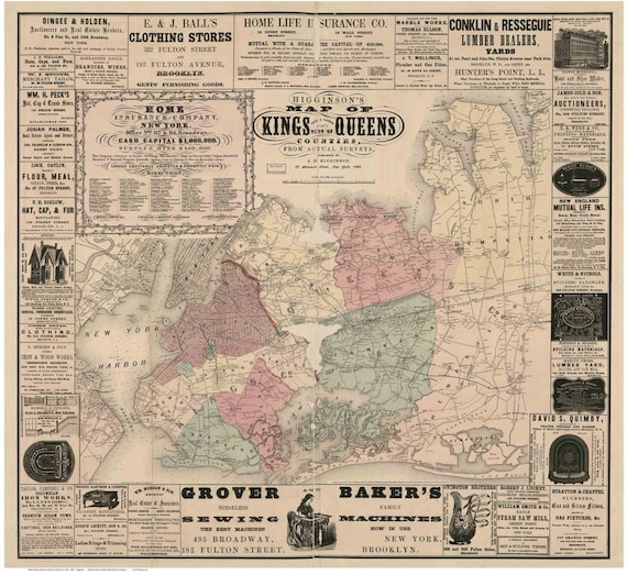 Kings and Part of Queens Counties New York 1860 Wall Map With Etsy
