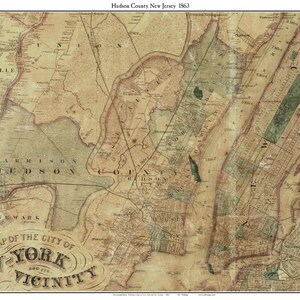 May include: Antique map of Hudson County, New Jersey, and the surrounding area, dated 1863. The map is in sepia tones, with detailed street layouts and geographical features. Text includes "Hudson County New Jersey 1863" and "Map of the City of New York and its Vicinity."