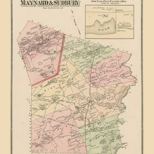 May include: An antique map of Maynard and Sudbury, Massachusetts, from 1875. The map shows the towns' boundaries, roads, and landmarks, including the J.C. Howe Shoe Nail & Tack Factory. The map is printed in black, red, green, and brown ink on a white background.