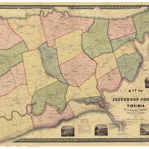 Jefferson County Map 1852  West Virginia - Old Wall Map  with Homeowner names - Genealogy  Reprint