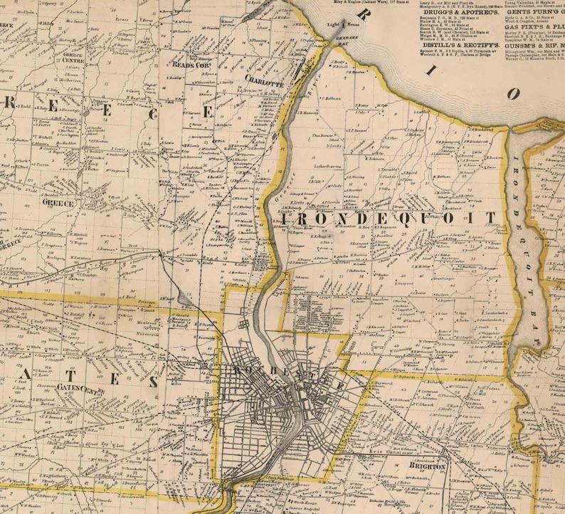 Monroe County New York 1858 Wall Map With Homeowner Names Etsy
