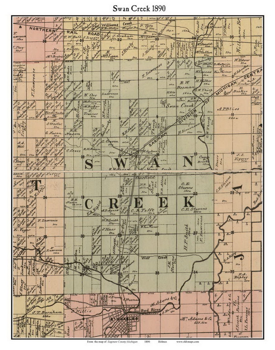 Swan Creek 1890 Old Town Map With Homeowner Names Michigan Reprint