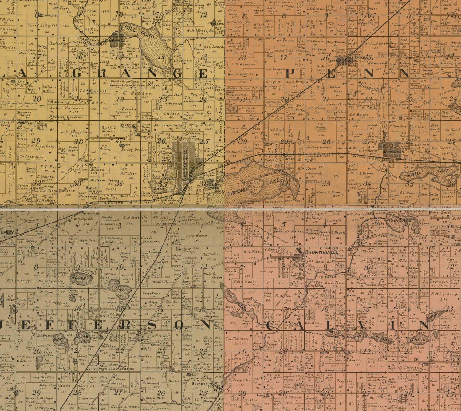 Cass County Michigan 1897 Old Wall Map Reprint with Etsy