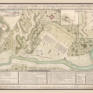 Guantanamo 1741 George Stadt Military Base Camp War Jenkins Ear old map reprint Cuba Cities
