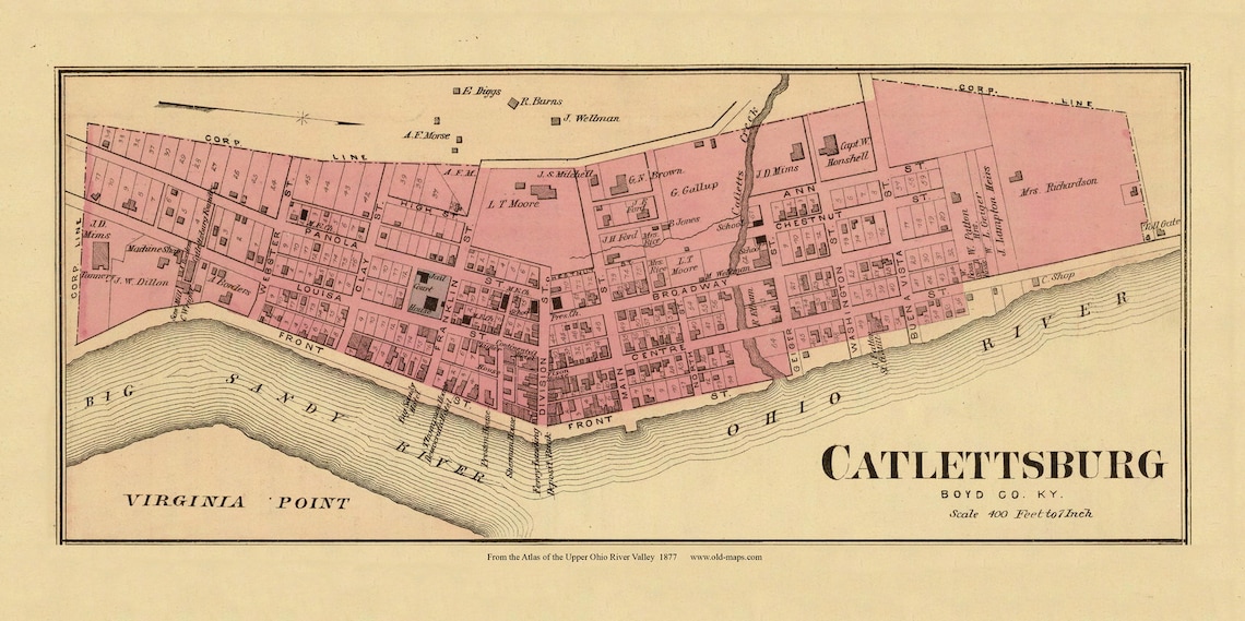 Catlettsburg 1877 Old Town Map Boyd County Kentucky Ohio Etsy