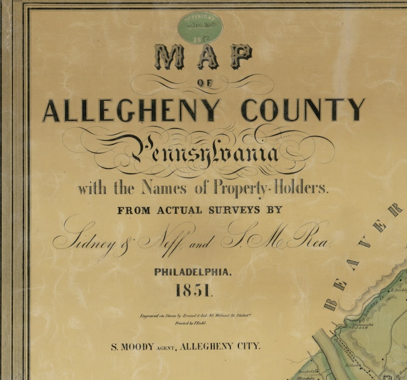 Allegheny County Pennsylvania 1851 Old Wall Map with Etsy