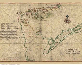 May include: An antique map of the South River in New Netherland, a historical region that encompasses parts of present-day New York and New Jersey. The map features a compass rose, a grid of lines, and handwritten text in Dutch.