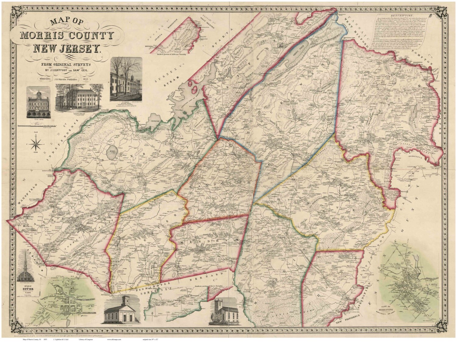 Morris County  New Jersey 1853  - Wall Map Reprint with Homeowner Names