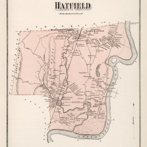 May include: A vintage map of Hatfield, Massachusetts, showing roads, rivers, and the names of residents. The map is printed in black and white on a pink background. The map is titled "Hatfield" and includes the scale "Scale 100 Rods to the inch".