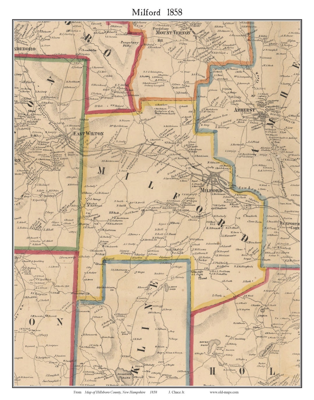 Milford 1858 Old Town Map With Homeowner Names New Hampshire Reprint Hillsboro Co. NH TM Etsy