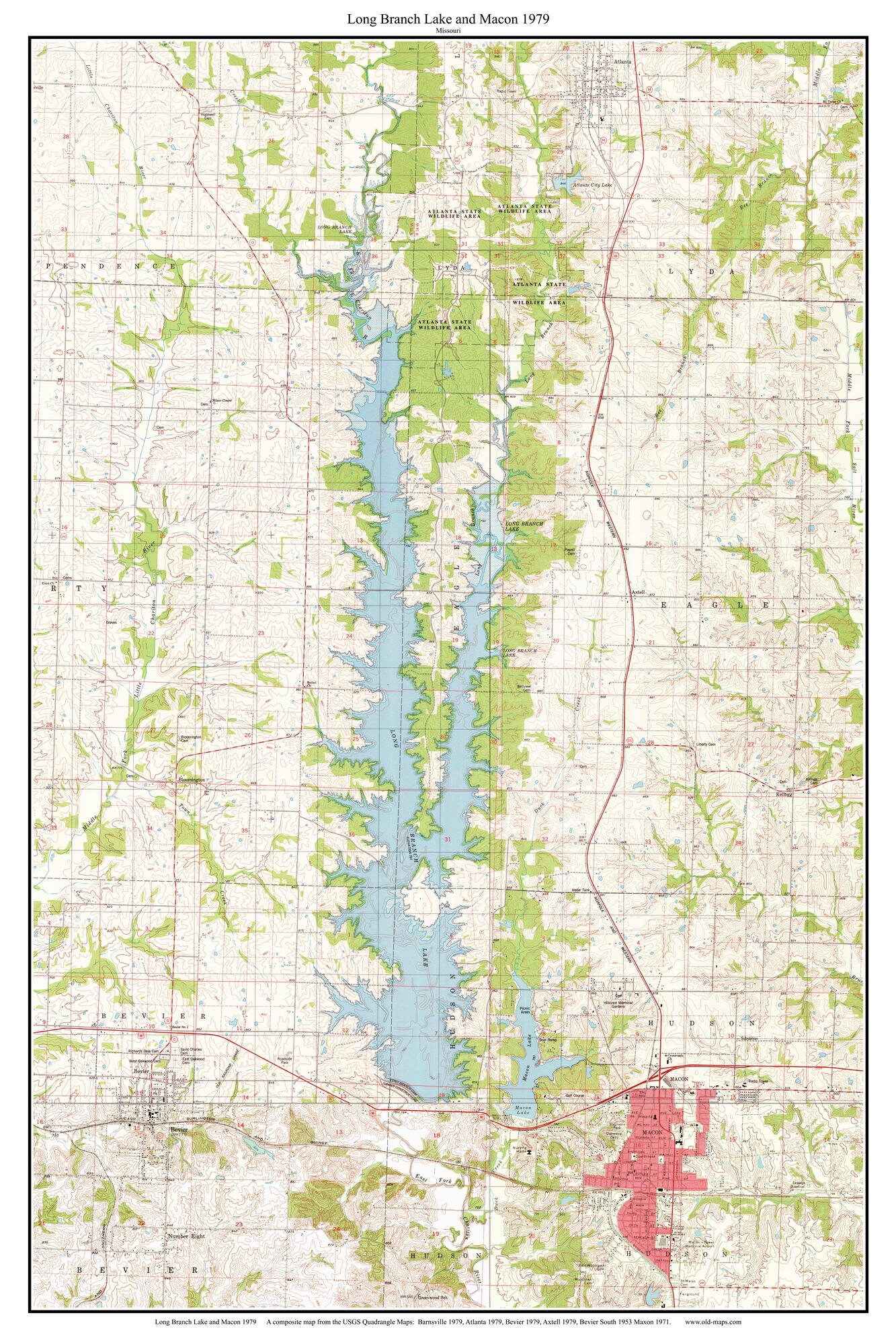 Long Branch Lake Map Long Branch Lake Macon 1979 Old Map Topo Custom Composite Usgs | Etsy