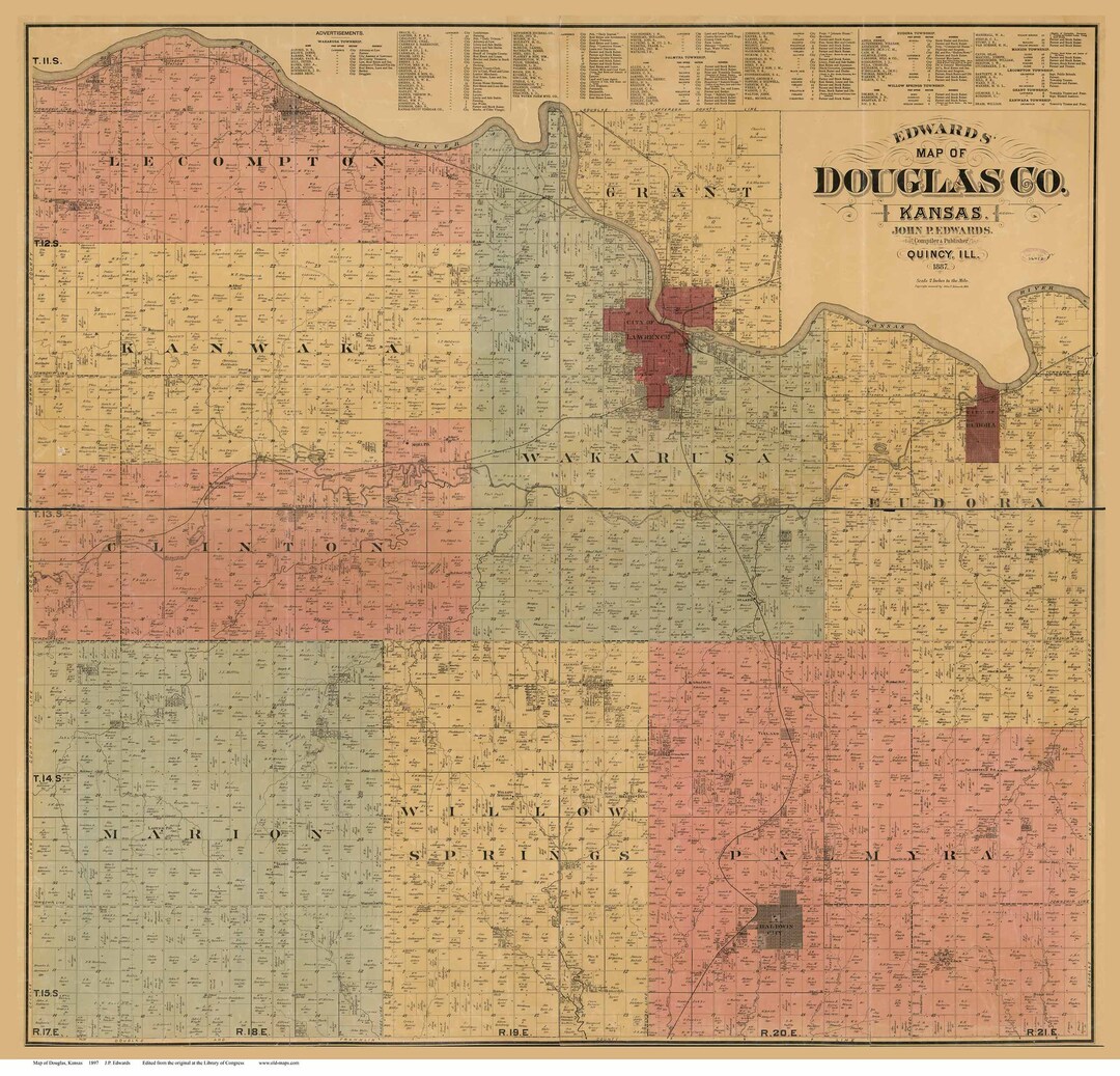 Douglas County Kansas 1887 Old Wall Map Reprint Landowner Names