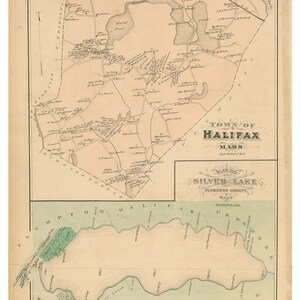 May include: An antique map of Halifax, Massachusetts, showing the town's layout and surrounding areas. The map includes a detailed depiction of Silver Lake, a prominent feature of the region. The map is dated 1879 and features the text "From the Atlas of Plymouth County, Massachusetts 1879 George B. Walker Co."