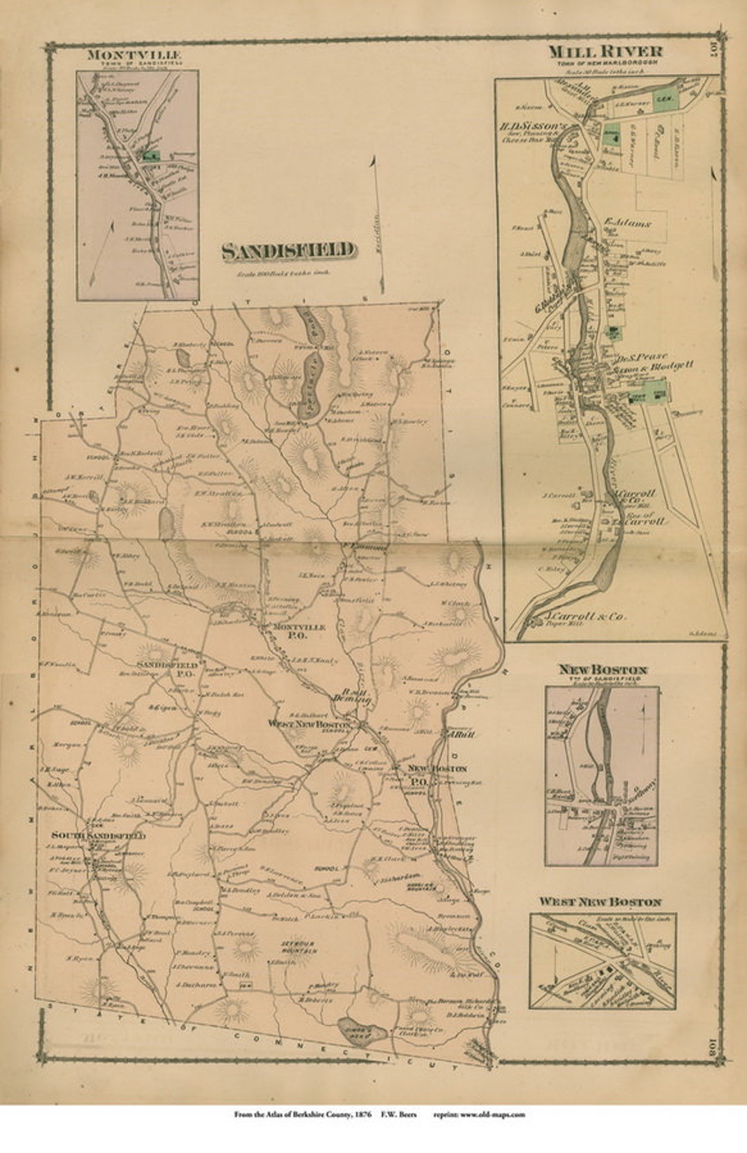 Sandisfield 1876 Old Town Map Reprint Montville, Mill River, New Boston