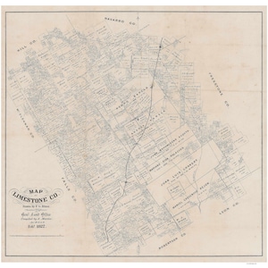 May include: A vintage map of Limestone County, Texas, showing land ownership and property boundaries. The map is dated February 1877 and includes the names of various landowners, including James Varela, Andres Varela, Juan Alejondro Acosta, Mariano Oliva Palacios, Juan Luis Chavert, Manuel Cresencio Rejon, and others. The map also shows the surrounding counties of Hill, McLennan, Navarro, Freestone, Robertson, and Leon.