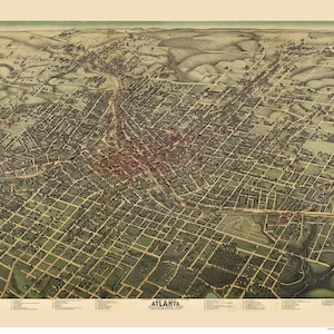 Atlanta Georgia - Old 1892 Birds Eye View -Reprint Shows Houses!