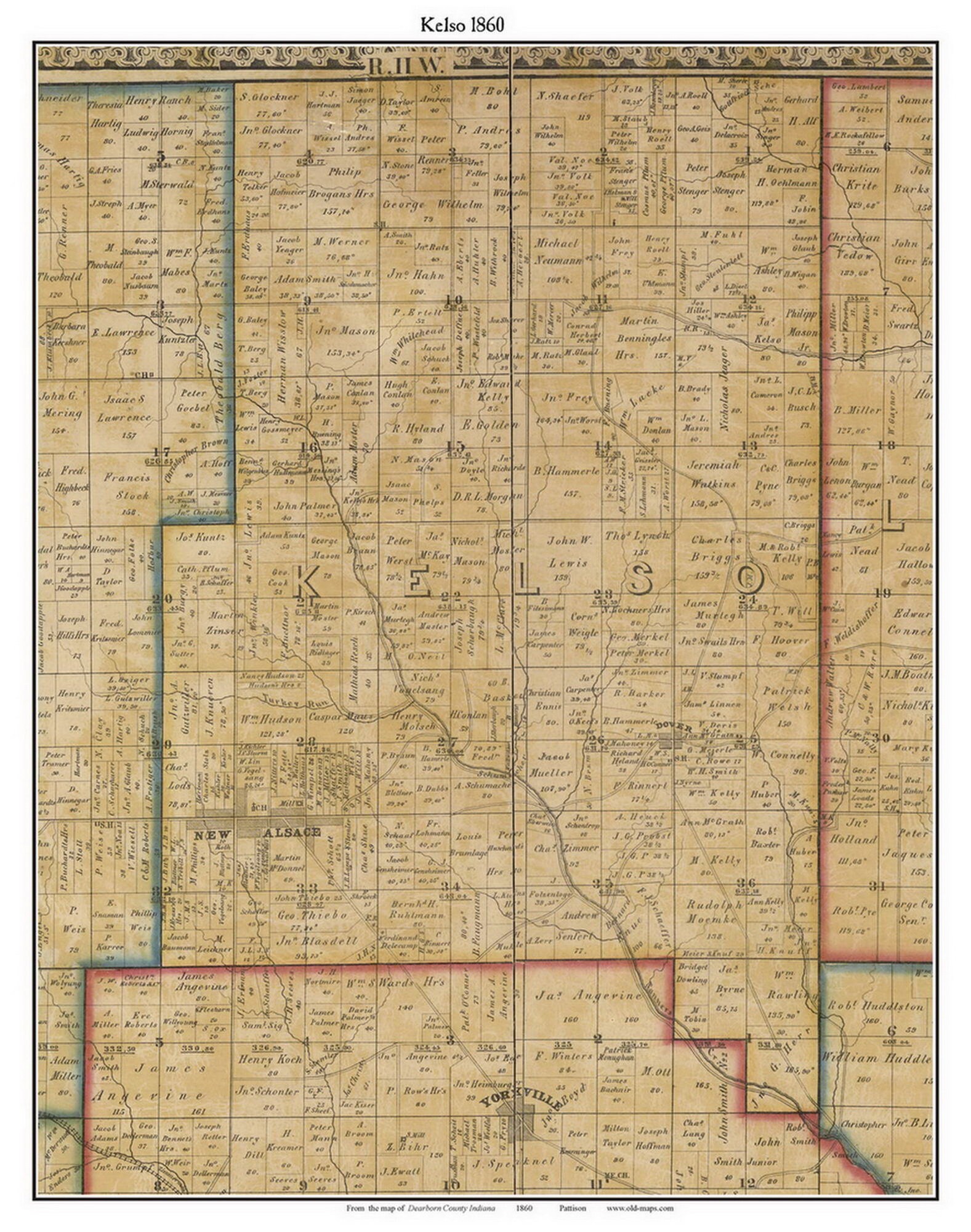 Kelso 1860 Old Town Map With Homeowner Names Indiana New Alsace Reprint