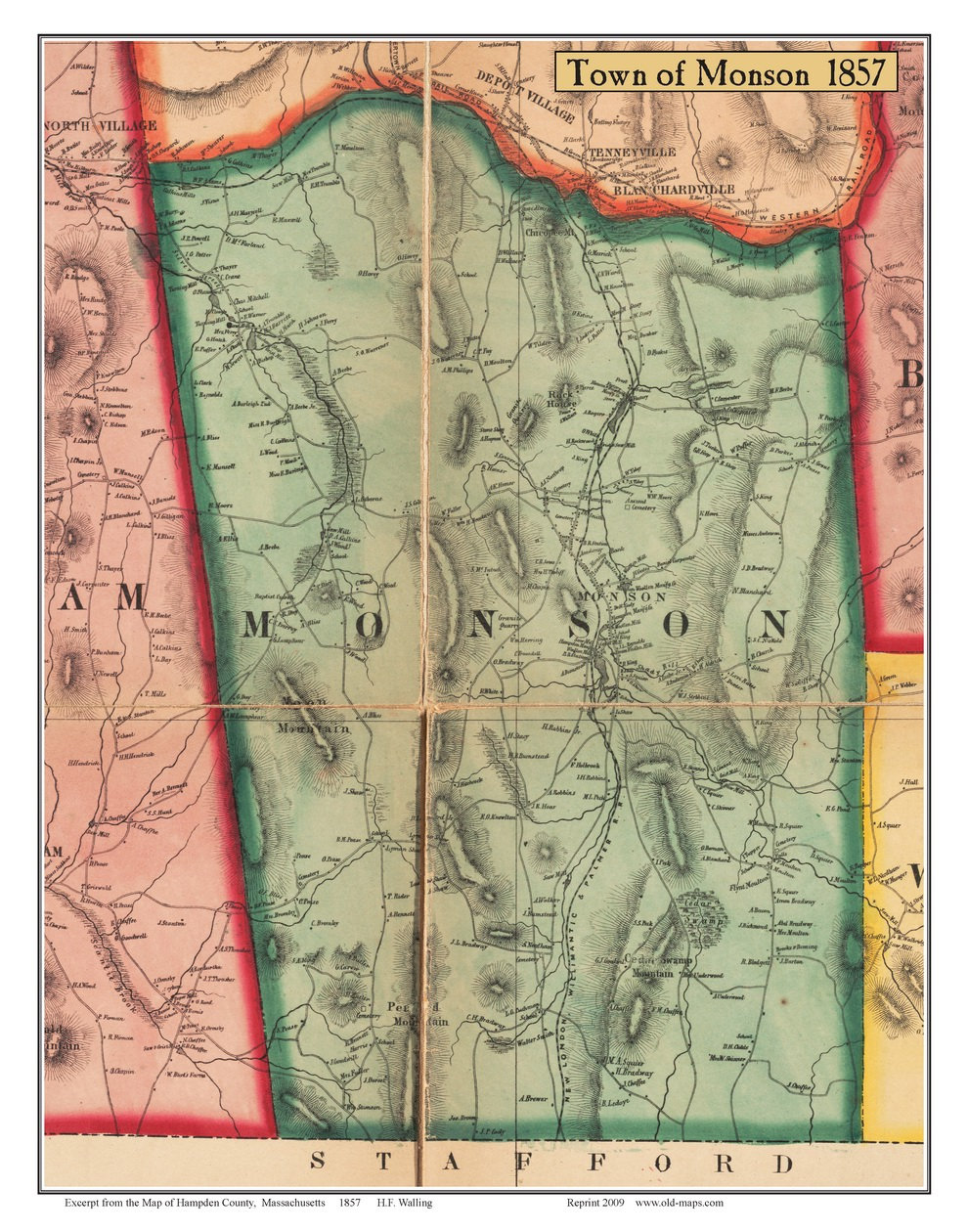 Monson 1857 Old Town Map With Homeowner Names Massachusetts Etsy