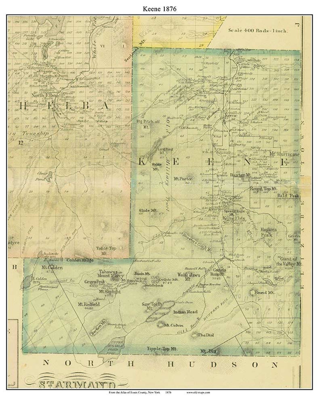 Keene New York 1876 Town Map Keene Valley, Mt Marcy Custom Reprint