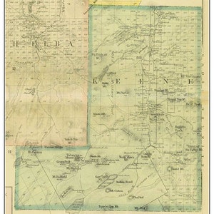 May include: A vintage map of Keene, New York from 1876. The map shows the location of various mountains and landmarks in the area, including Mount Colden, Mount Marcy, and the High Peaks Wilderness Area. The map is printed on a light green background with brown lines and text.