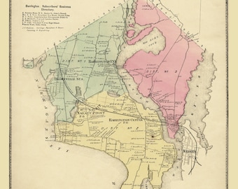 May include: An antique map of Barrington, Rhode Island, showing the town's layout and surrounding areas. The map is printed in black and white with colored accents, including pink, green, and yellow. The map includes the names of streets, landmarks, and bodies of water.
