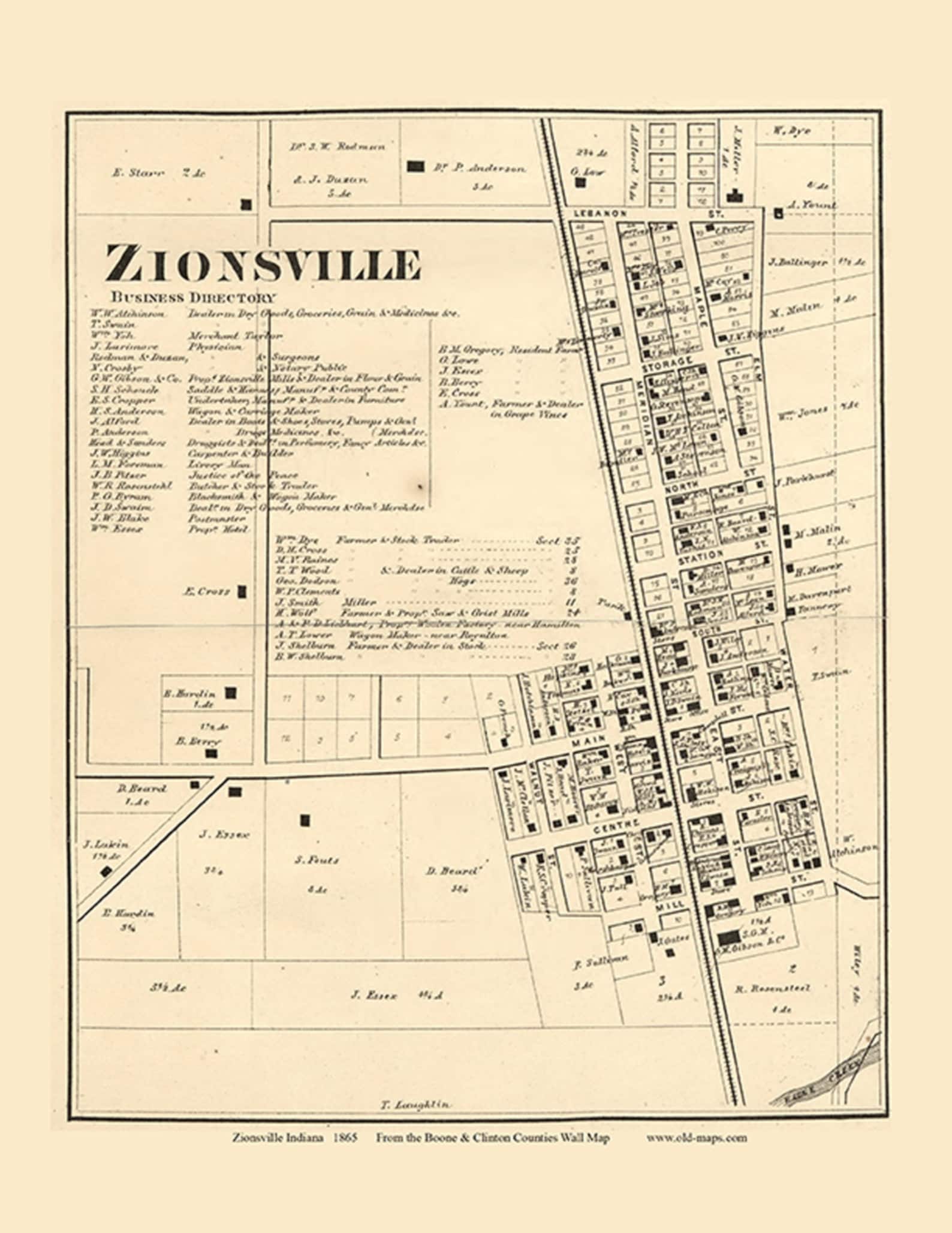 Zionsville 1865 Old Town Map With Homeowner Names Indiana Etsy