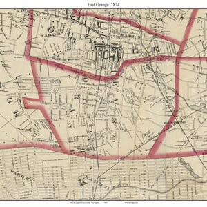 May include: An antique map of East Orange, New Jersey, from 1874. The map is printed in black and white on a cream-colored background. The map shows the streets and buildings of the city, including the Orange Valley Railroad and the cemetery.