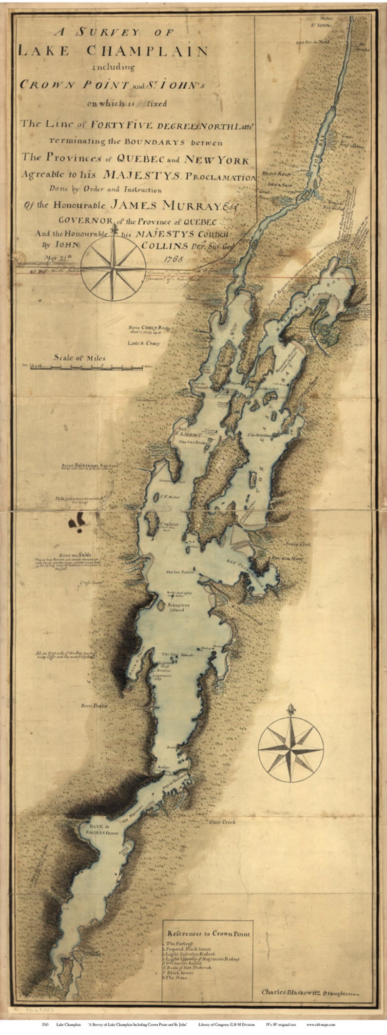 Lake Champlain 1765 Map by Collins VT, NY Reprint image 1