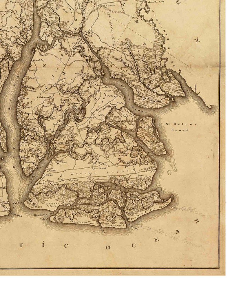 Beaufort District South Carolina 1825 County Wall Map Homeowner names Mills Atlas Reprint LC image 5