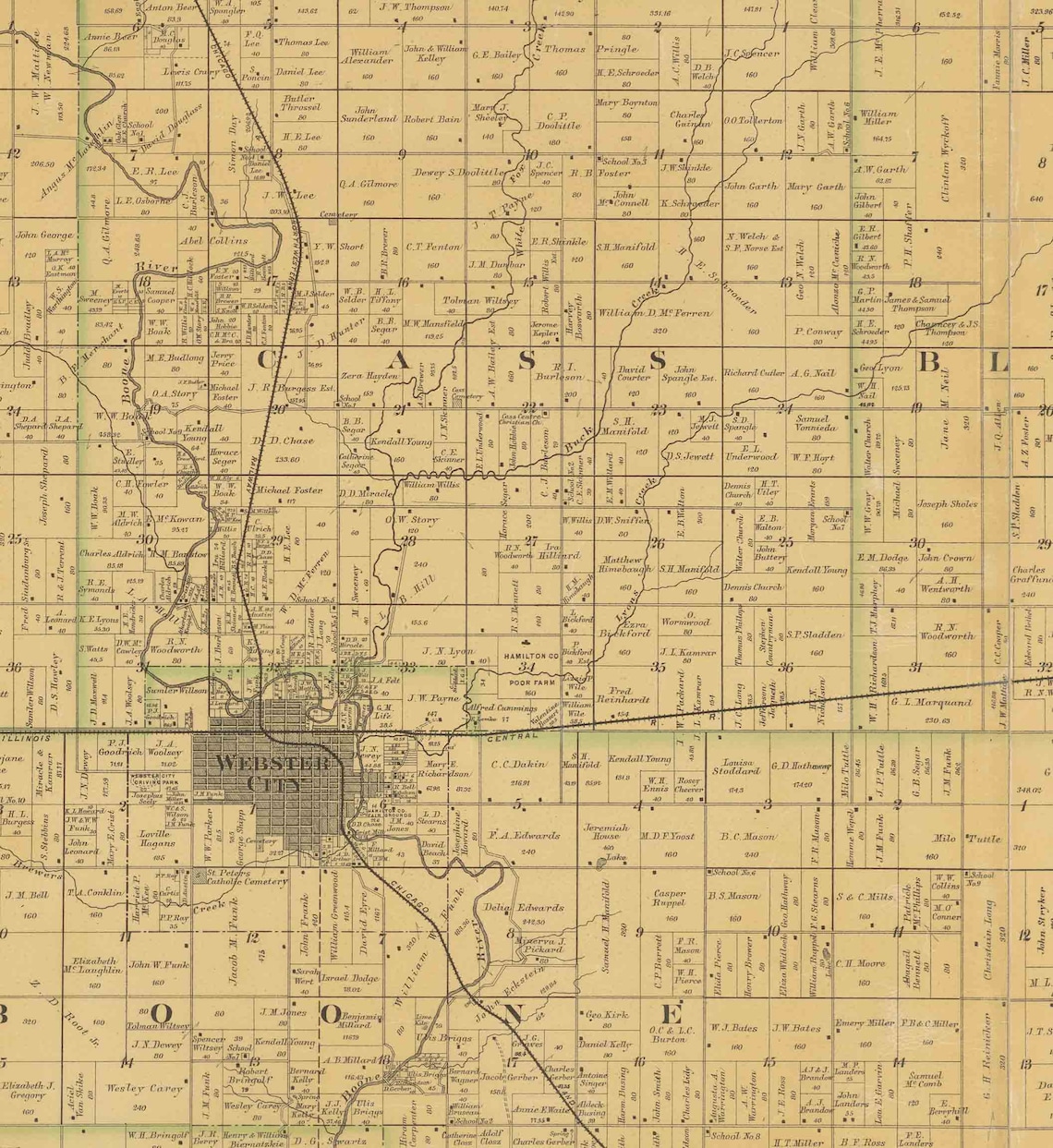 Hamilton County Iowa 1883 Old Wall Map With Landowner Names Etsy