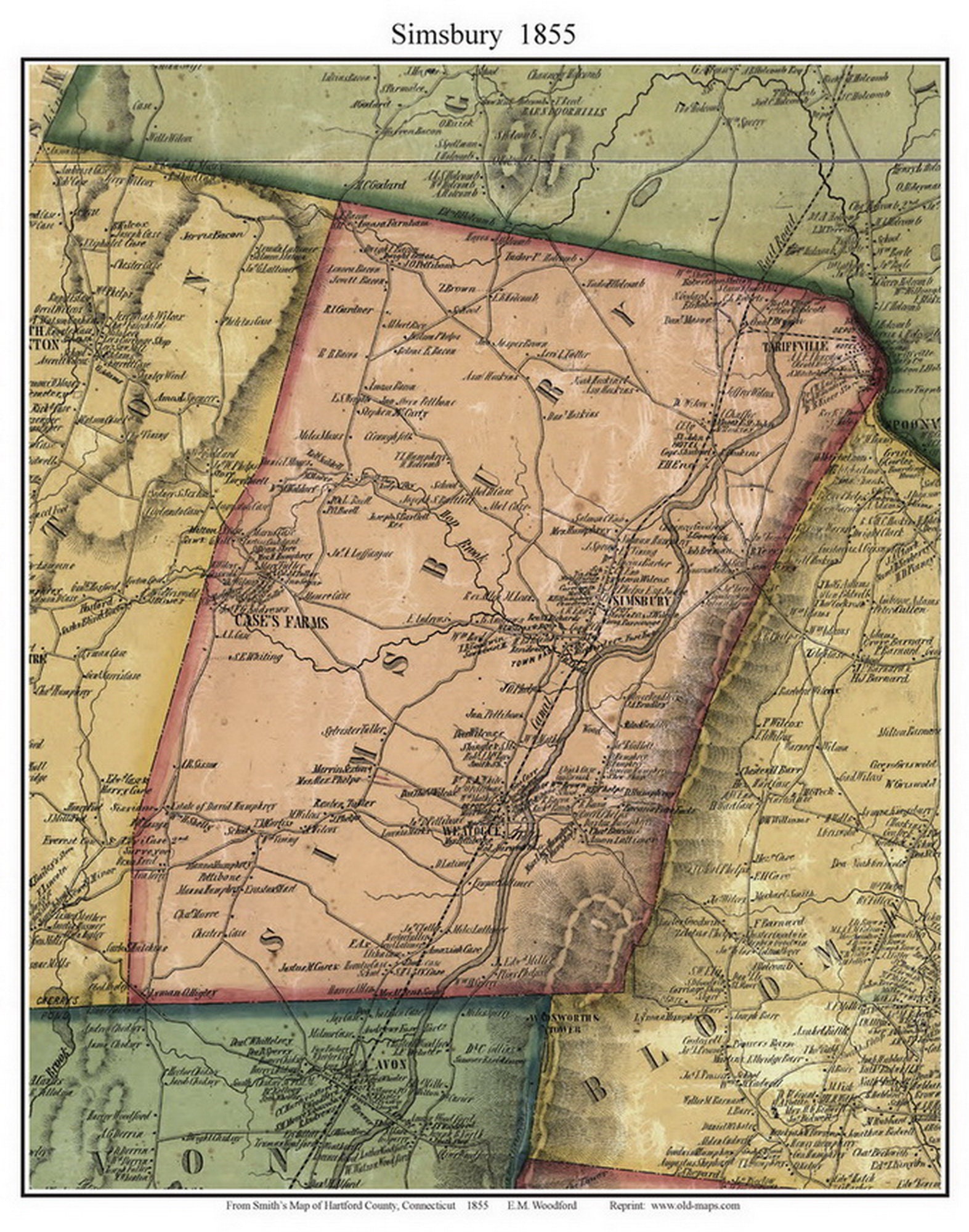 Simsbury 1855 Old Town Map With Homeowner Names Connecticut Etsy