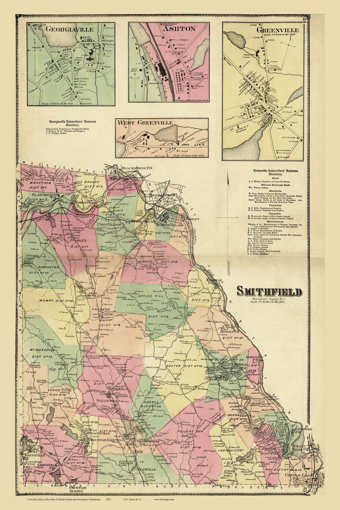 Smithfield 1870 Rhode Island Old Town Map Greenville Etsy