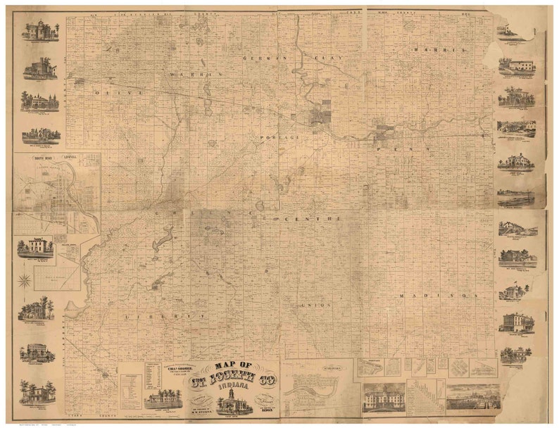St. Joseph County Indiana 1863 Old Wall Map Reprint With Etsy