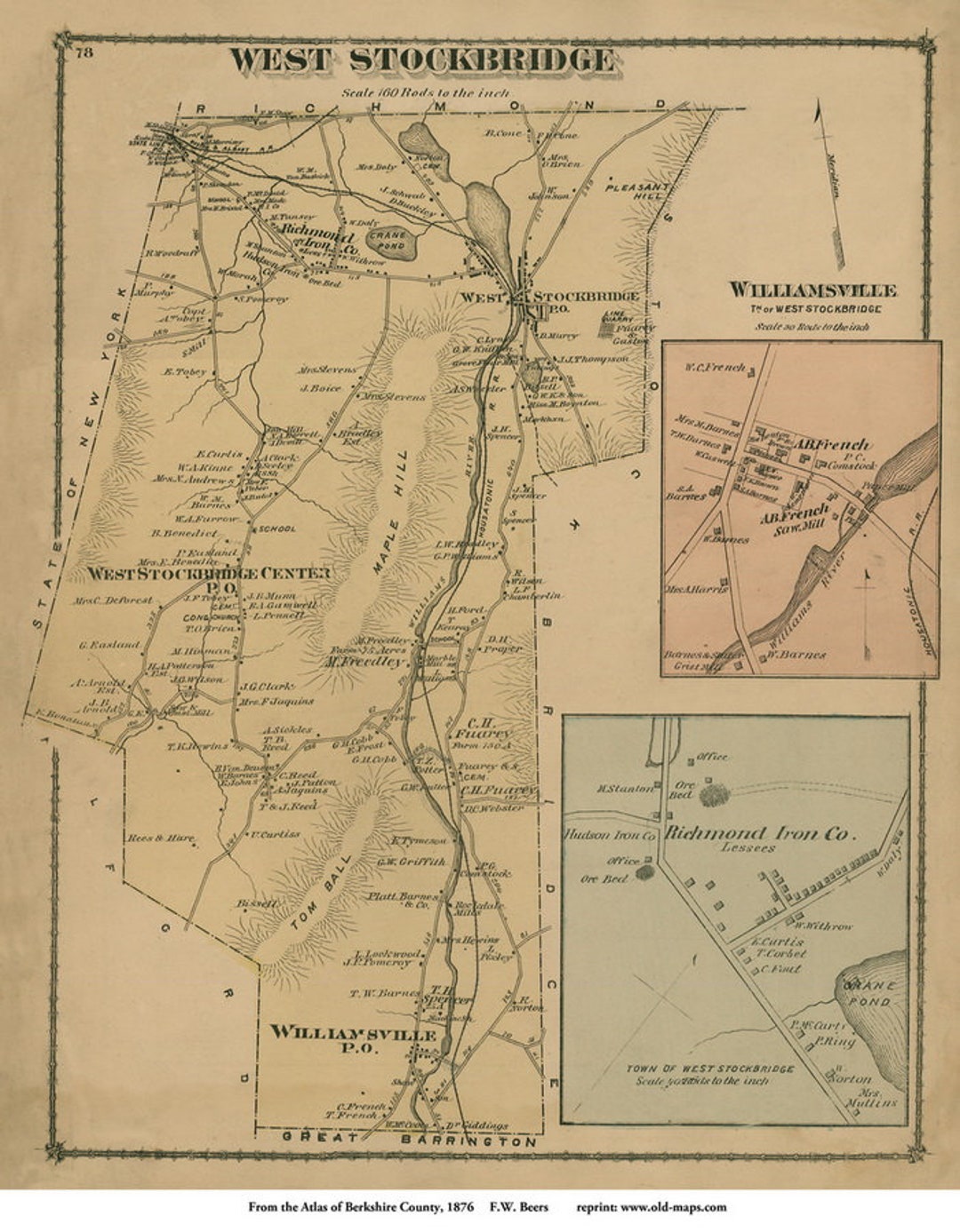 West Stockbridge 1876 Old Town Map Reprint Williamsville, Berkshire
