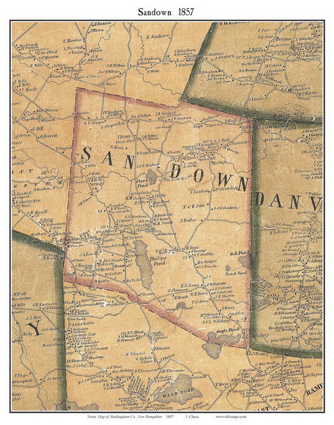 Sandown 1857 Old Town Map With Homeowner Names New Hampshire Phillips ...
