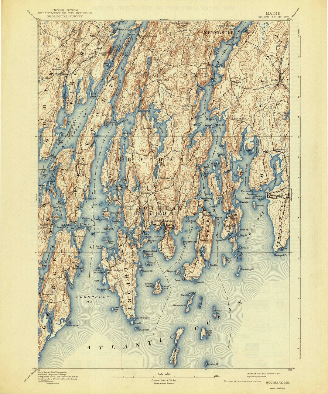 Boothbay Harbor 18931941 Old Topo Map Southport