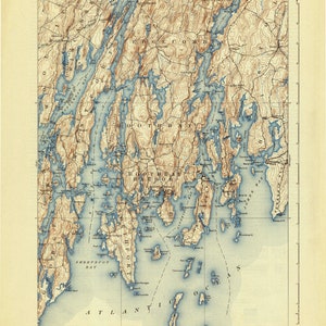 May include: A vintage map of Boothbay, Maine, showing the coastline and surrounding islands. The map is printed in brown and blue ink on a cream-colored background. The map includes contour lines, water features, and place names.