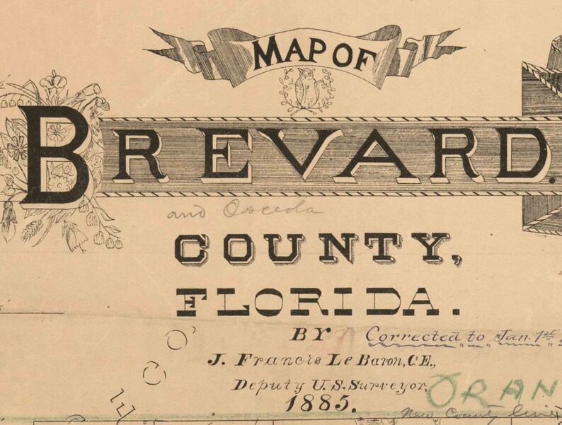 Brevard County Florida 1893 Old Wall Map Reprint With Etsy