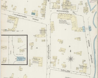 Può includere: Una mappa vintage dettagliata di Narragansett Pier, Rhode Island, del novembre 1888. La mappa presenta nomi di strade come Kingstown Road, Beach e Ocean Road, con edifici etichettati e una rosa dei venti. È un documento storico.