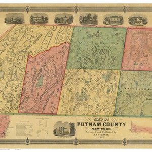 Putnam County  New York 1854  - Old Wall Map Reprint with Homeowner Names - Genealogy