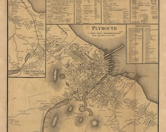 Plymouth  Village 1857 Old Town Map with Homeowner Names Massachusetts Chiltonville - Closeup - Reprint Plymouth County MA TM