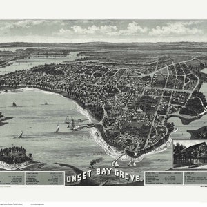 May include: A black and white bird's eye view map of Onset Bay Grove, Massachusetts. The map shows the town's layout, including streets, buildings, and the surrounding water. The map is dated 1888 and includes a key with numbered locations.
